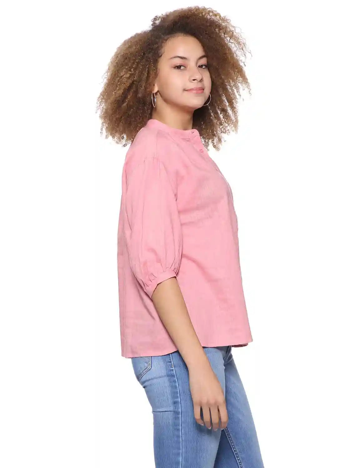 Splash Basic Mandarin Collar Front Button Three Quarter Sleeves Blouses for Women - Safqqa Egypt