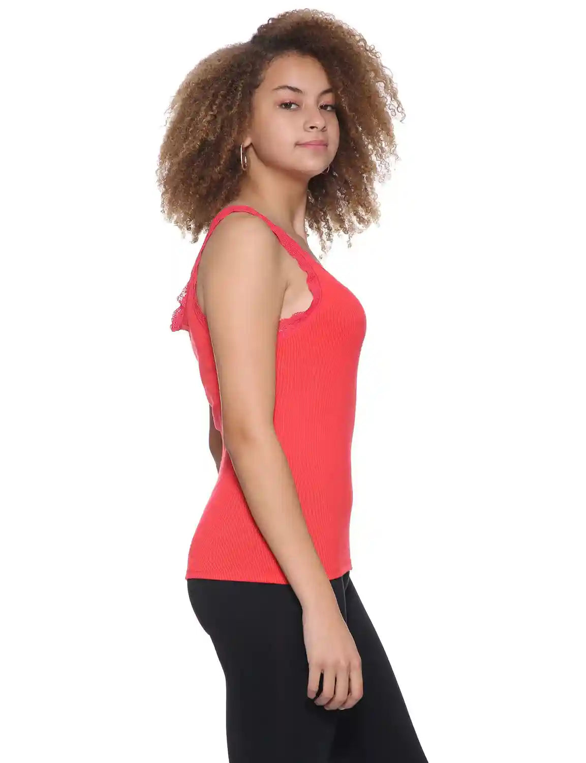 Splash Ribbed Scallop Lace Trims Sleeveless V-Neck Top for Women - Safqqa Egypt