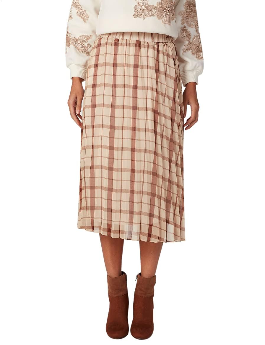 Chequered Midi A-line Skirt with Elasticised Waistband