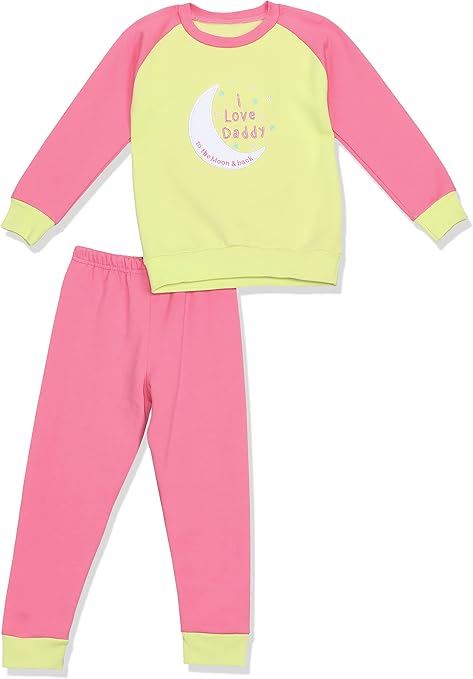 El Sayaad Two-tone Embroidered Letters Raglan Sleeves Round Neck Sweatshirt with Pants Pajama Set for Girls