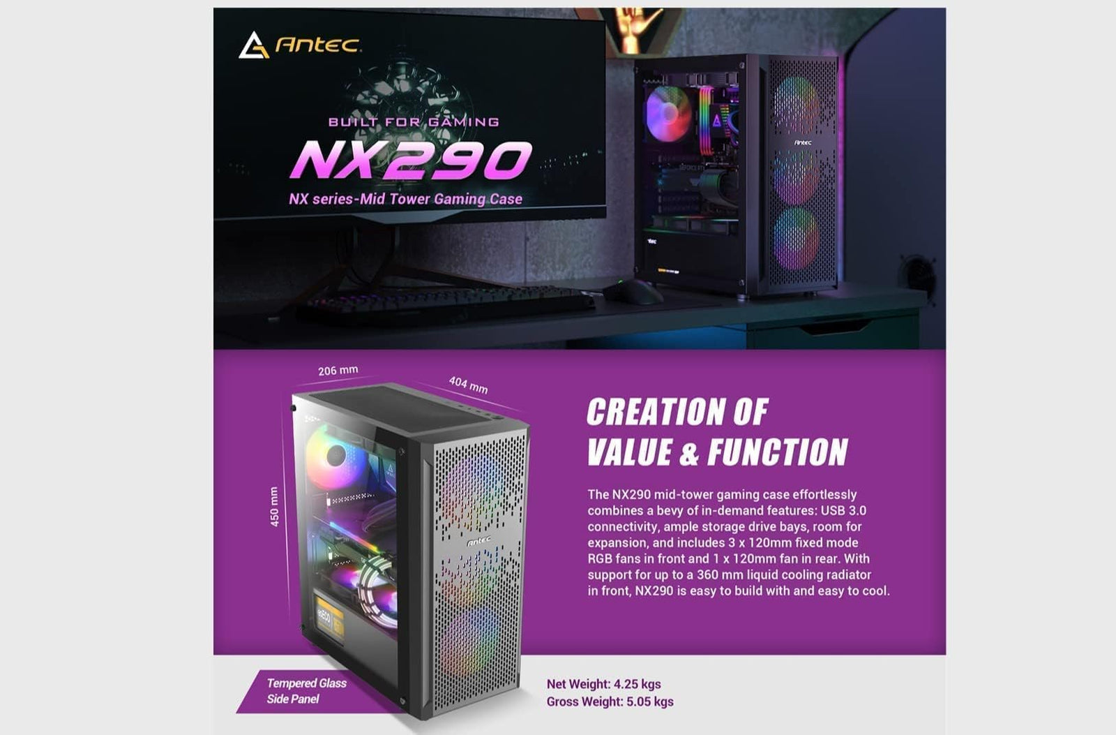Antec NX290 ATX Mid-Tower Case – Tempered Glass & Pre-Installed Fans