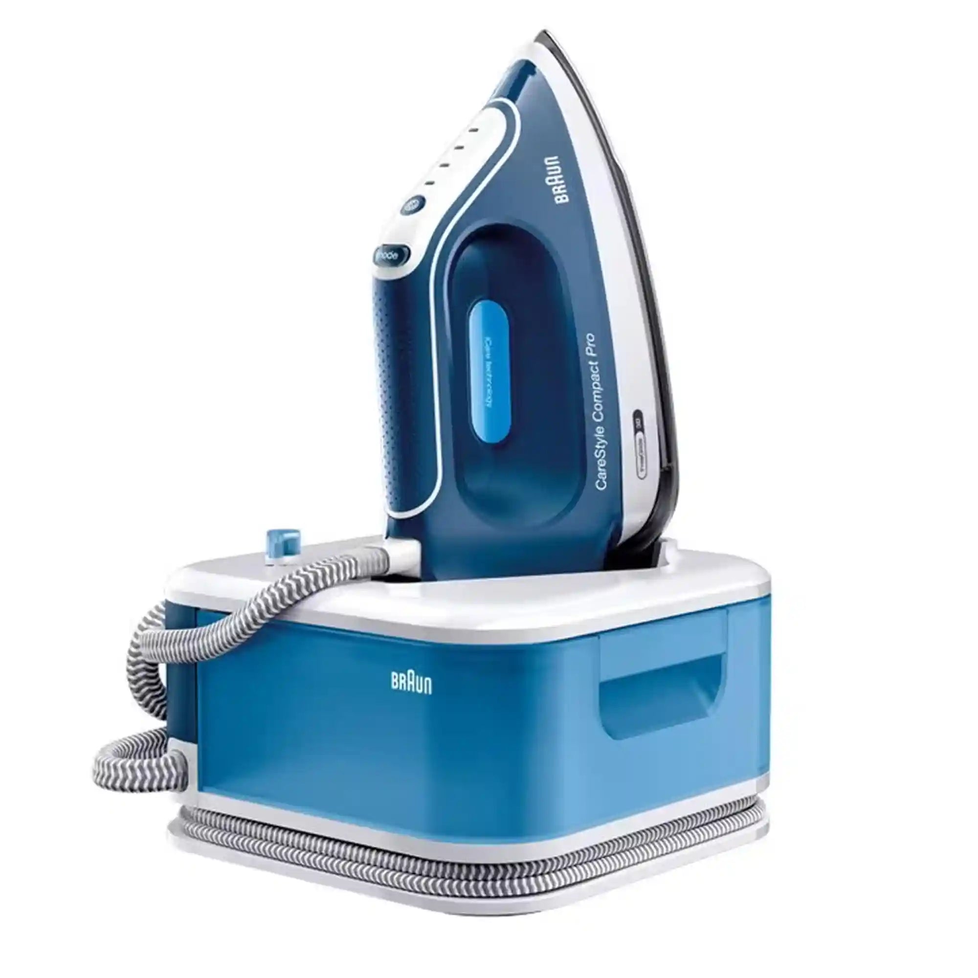 Braun CareStyle Compact Pro IS2565BL Steam Iron with FreeGlide 3D Technology, iCareMode, Eco & Turbo Modes, Vertical Steaming, Anti-Drip, 1.5L Water Tank, 2400W – Blue-Have Scratches - Safqqa Egypt