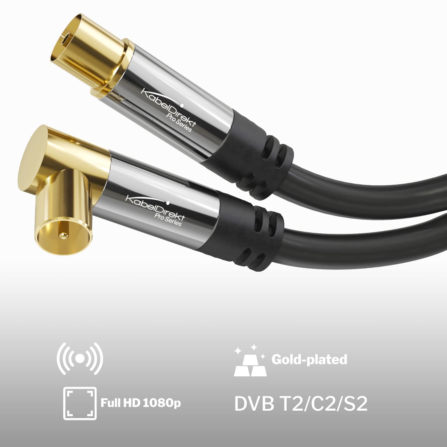KabelDirekt – 3m 75 Ohm HDTV aerial cable, 90° angled coaxial male connector > straight coaxial female connector, coaxial cable for TV, HDTV, radio, DVB-T2, DVB-C, DVB-S (angled connector)