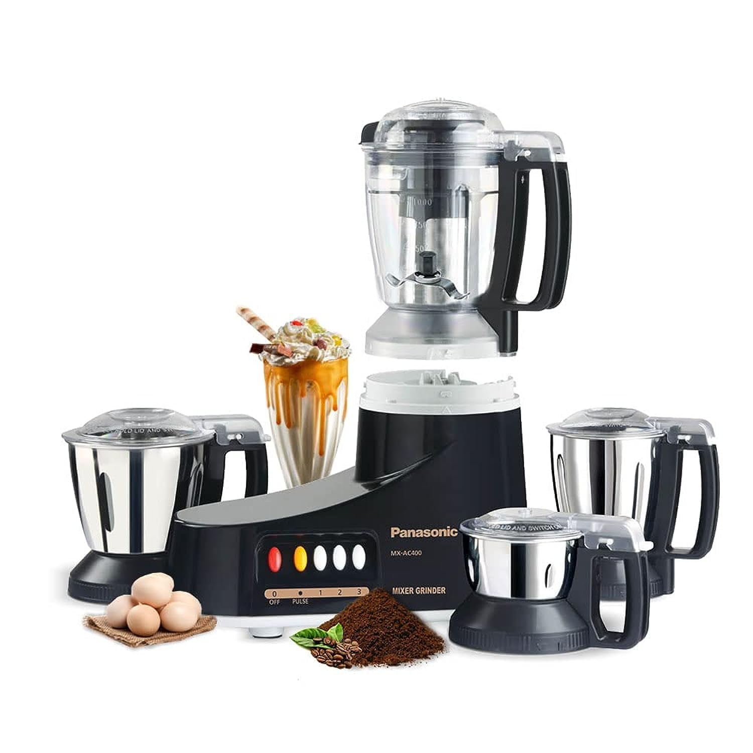 Panasonic Super Mixer Grinder, 1000W, Mx-Ac400, Black, 3 Stainless Steel Jars, 1 Juicer Jar