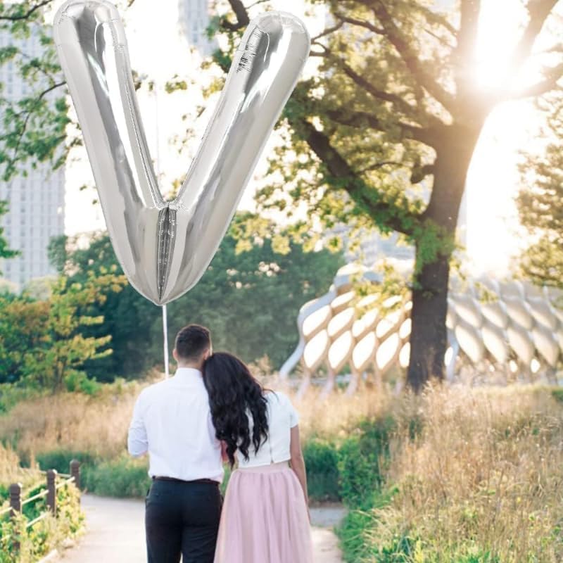 بالون فويل كبير على شكل حرف V يمكن ملؤه بالهواء او الهيليوم ومصنوع من مواد عالية الجودة خصيصًا لحفلات أعياد الميلاد مقاس 81 سم - فضي