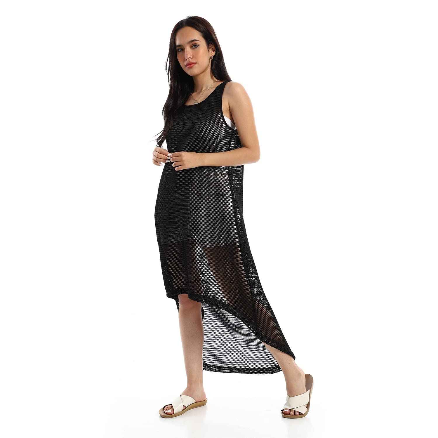 EEZEEY Womens High Low Sleeveless Net Coverup High Low Sleeveless Net Coverup