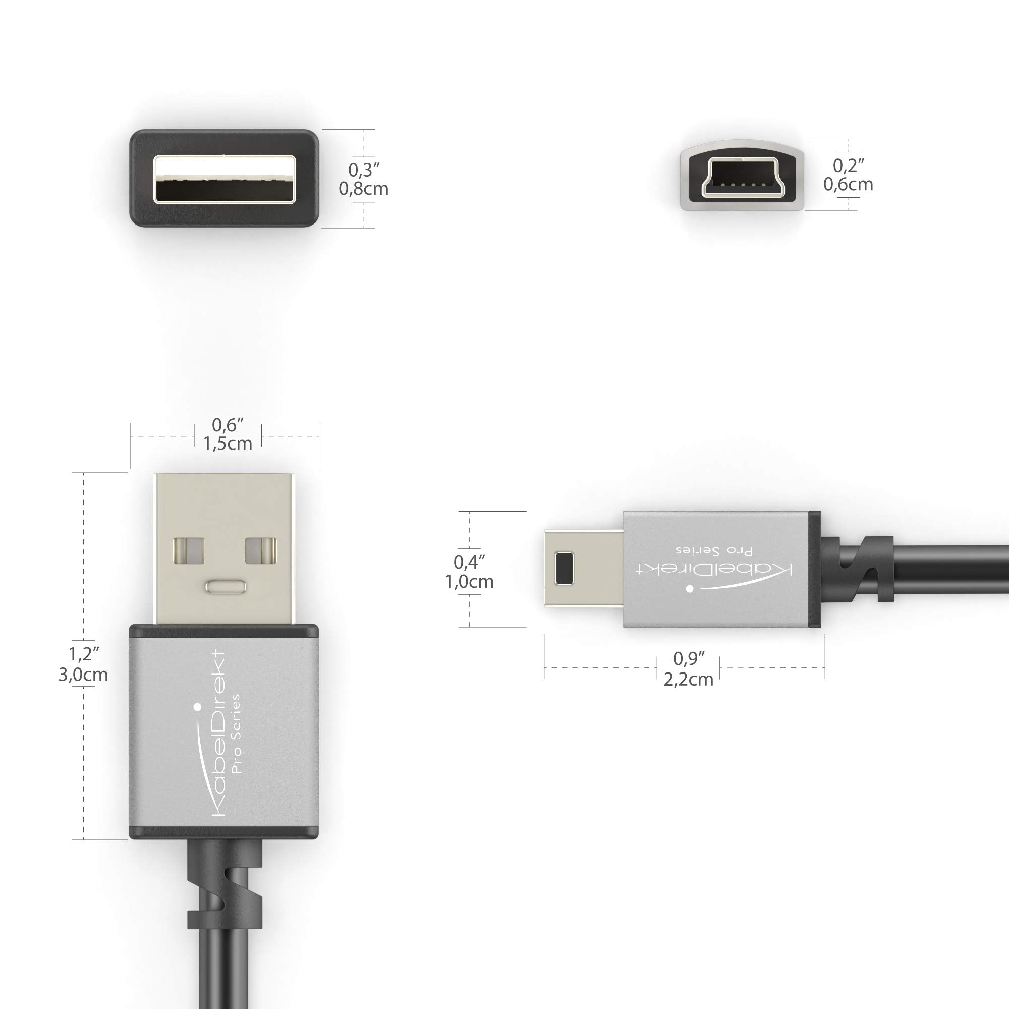 KabelDirekt – Mini USB 2.0 cable – 1m – (high-speed data cable and charger cable, suitable for hard drives, digital cameras, navigation devices with a Mini USB port, black/space grey) – PRO Series
