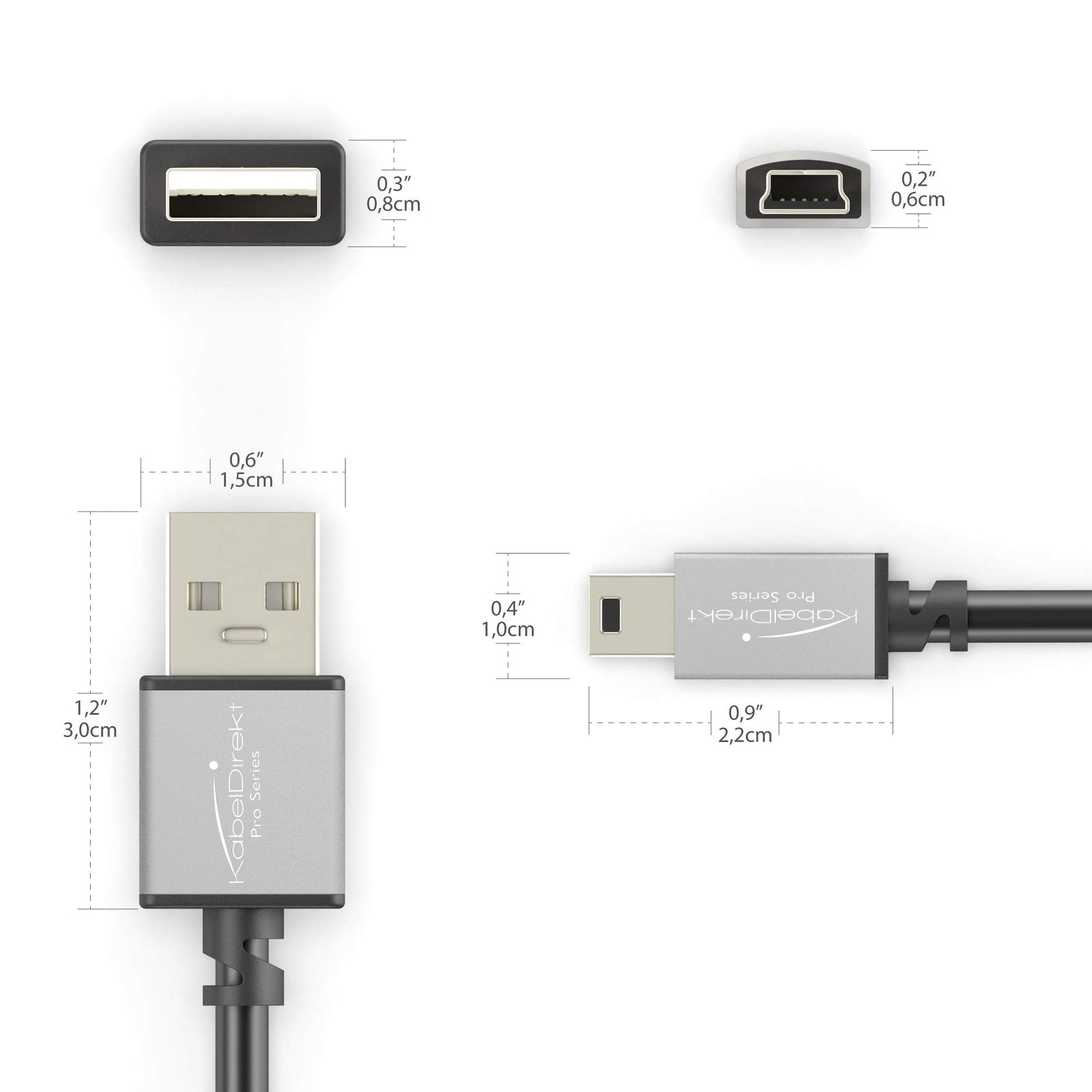 KabelDirekt – Mini USB 2.0 cable – 1m – (high-speed data cable and charger cable, suitable for hard drives, digital cameras, navigation devices with a Mini USB port, black/space grey) – PRO Series