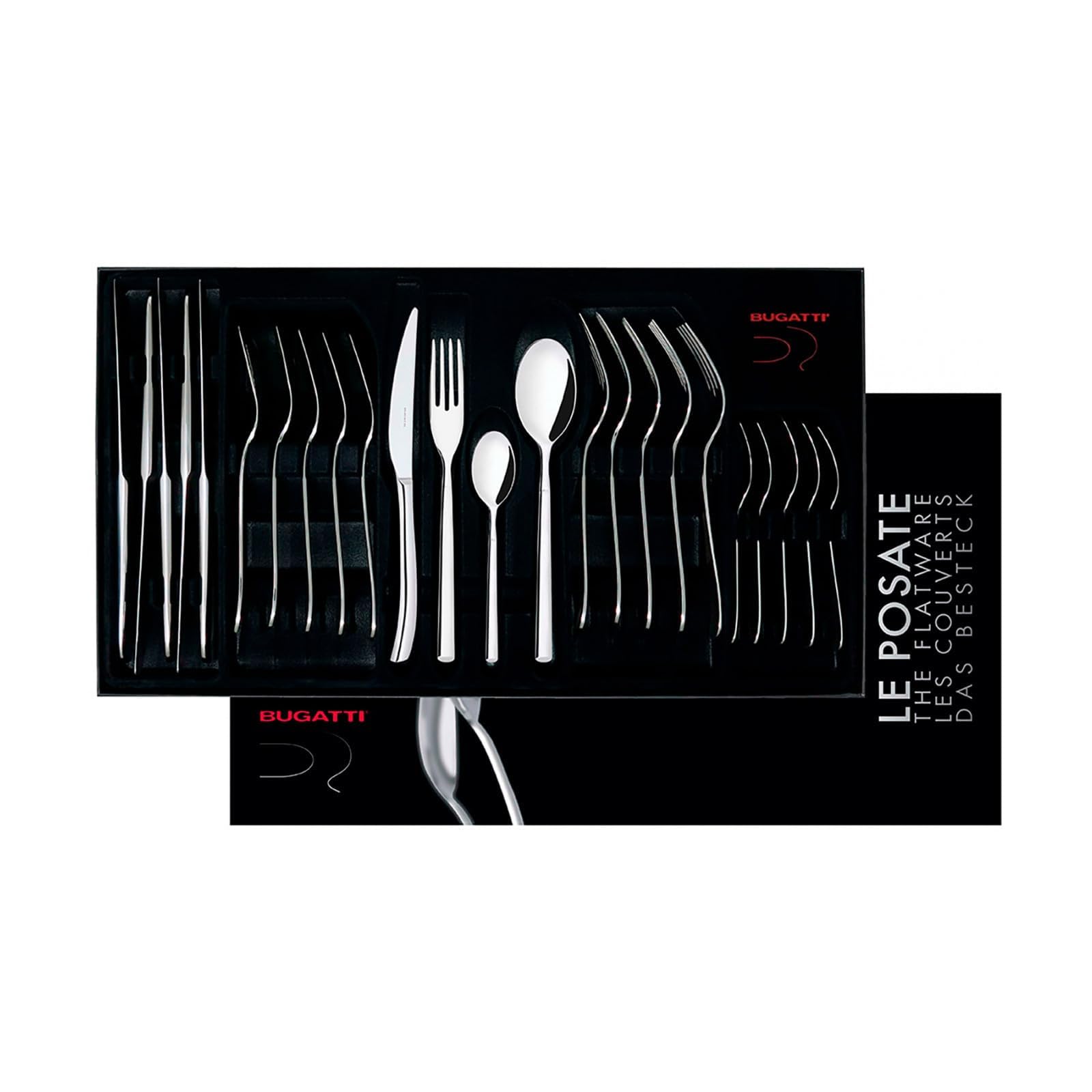طقم الملاعق والشوك والسكاكين من  Bugatti المكون من 30 قطعة، والمقدم في علبة عرض أنيقة. 
