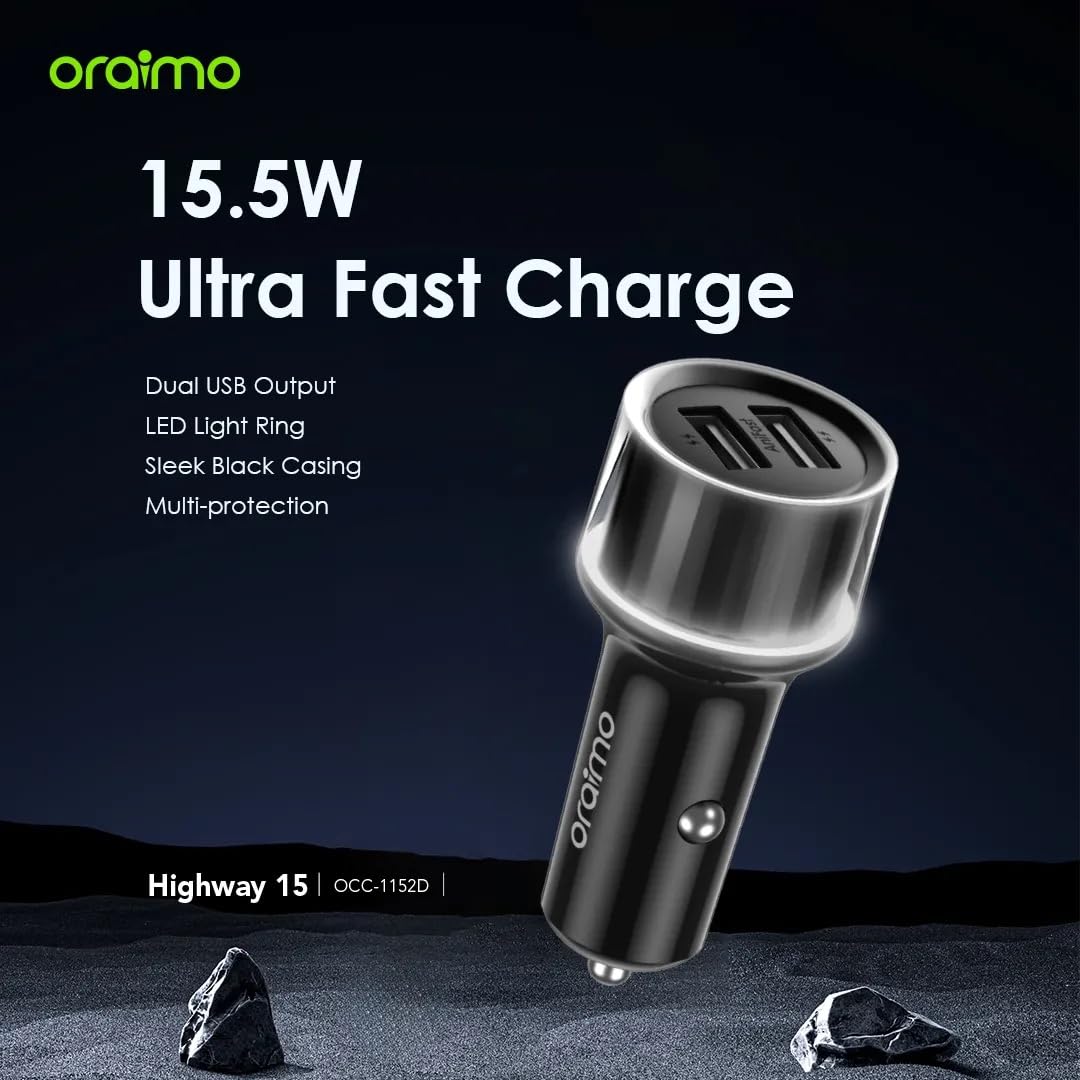 Oraimo Fast Car Charger – Dual USB 15.5W with 3-in-1 Charging Cable