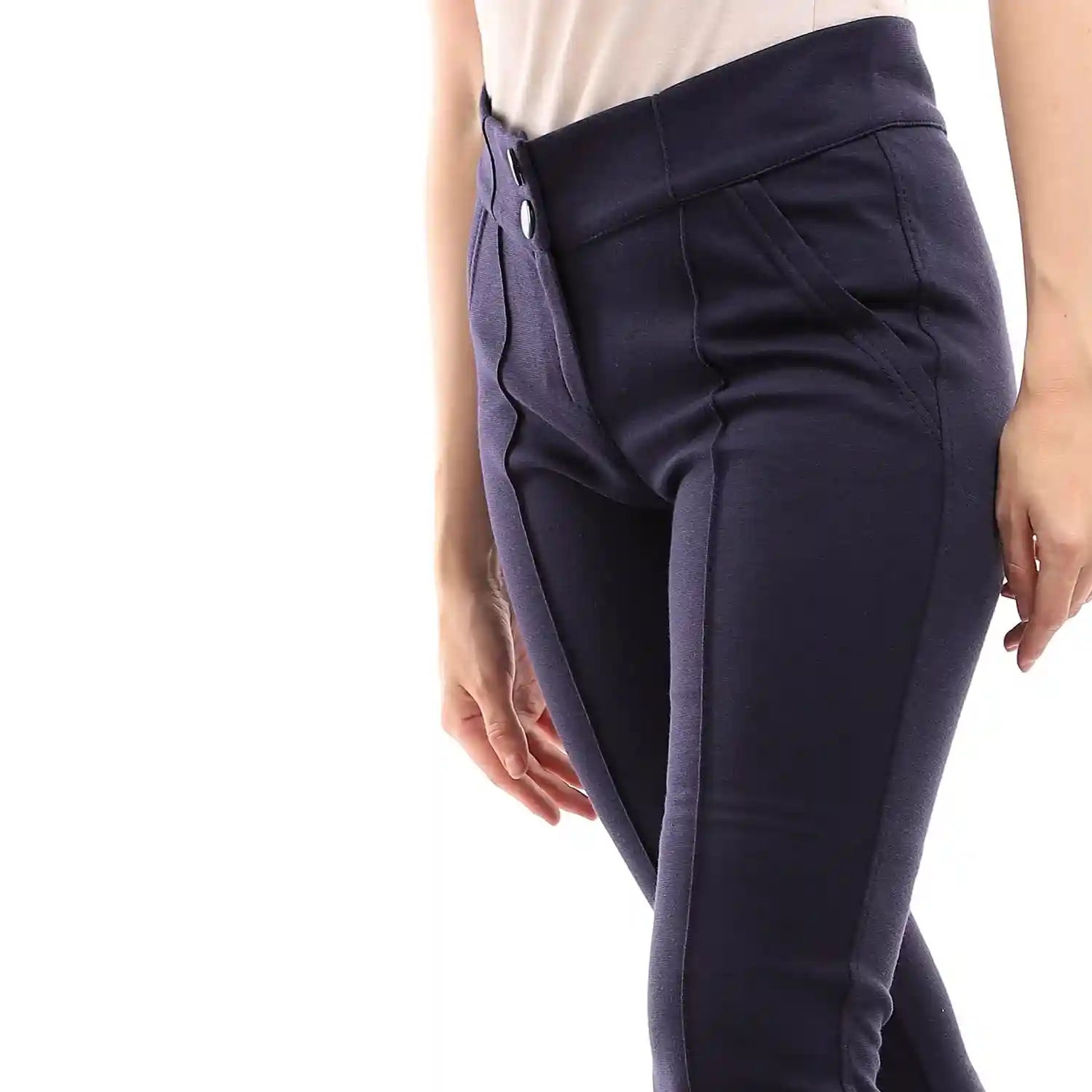Esla Women’s Solid Navy Blue Leggings with Fly Zipper and Button Closure - Safqqa Egypt