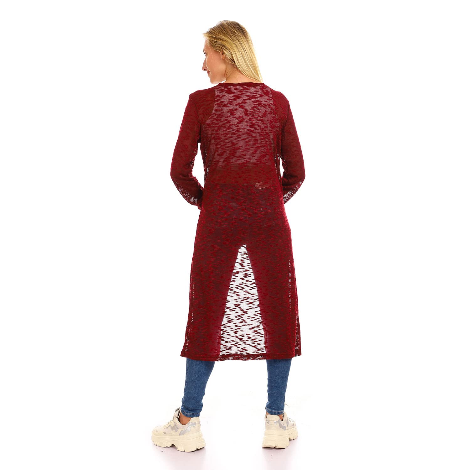 Jamila Women’s Self-Patterned Long Cardigan Sweater with Open Neckline