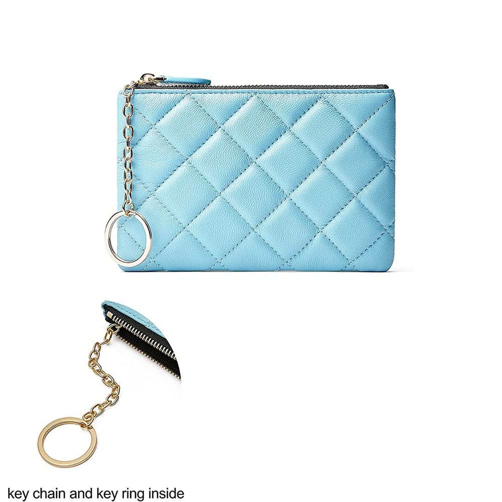 Premium Full-Grain Leather Mini Coin Purse & Keychain – Quilted RFID Wallet with Top Zipper for Men & Women