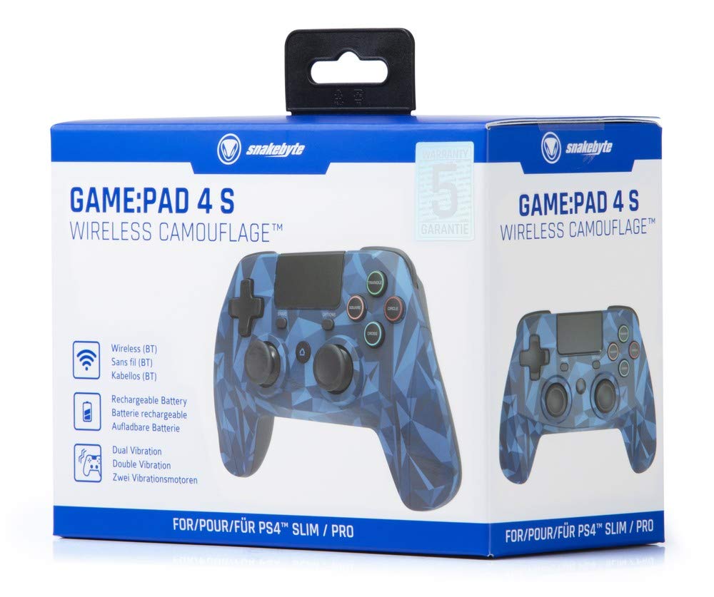 وحدة تحكم سلكية لاسلكية سنيك بايت للـ PS4 – خالية من التأخير، مدخل صوت 3.5 مم، مستشعرات حركة، اهتزاز مزدوج، 6 محاور، تصميم مريح، وظائف قابلة للبرمجة – تمويه أزرق