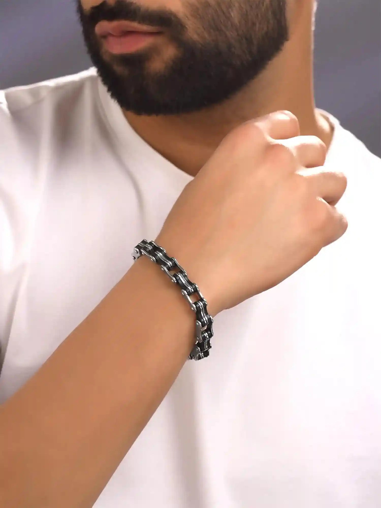 Yellow Chimes Men's Silver-Black Bicycle Chain Bracelet – Durable and Stylish for Men and Boys - Safqqa Egypt