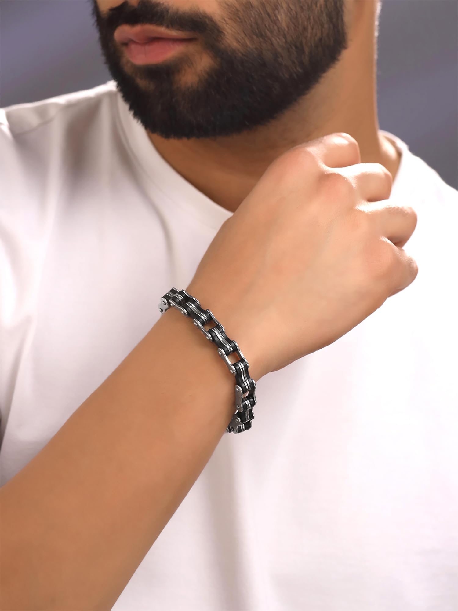 YELLOW CHIMES Bicycle Chain Style Mark Highly Durable Silver-Black Bracelet for Men and Boys