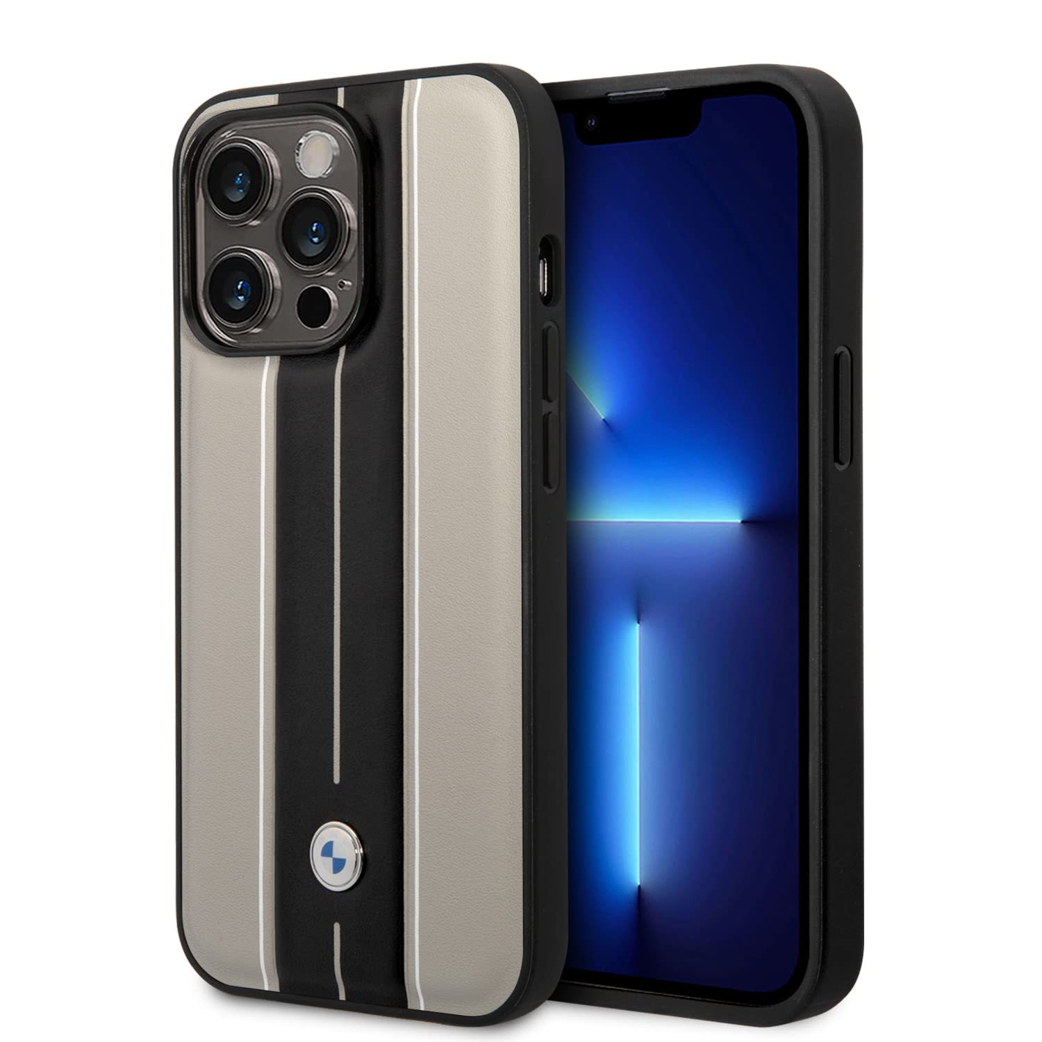 جراب هاتف CG MOBILE BMW لمجموعة iPhone 14 Pro Max Signature باللون البيج مع خطوط مختومة ، جراب واقي من الجلد الحقيقي ومتين مع سهولة التركيب وامتصاص الصدمات وشعار التوقيع