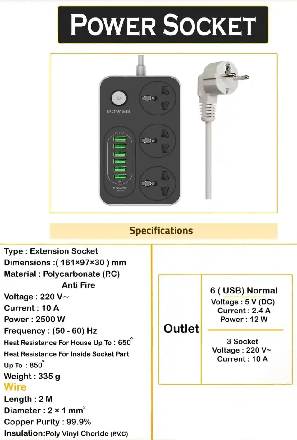 G-Power ws341 power strip surge protector 220v with 3 universal international socket and smart 6 usb charging ports 2.4a - black grey - Safqqa Egypt