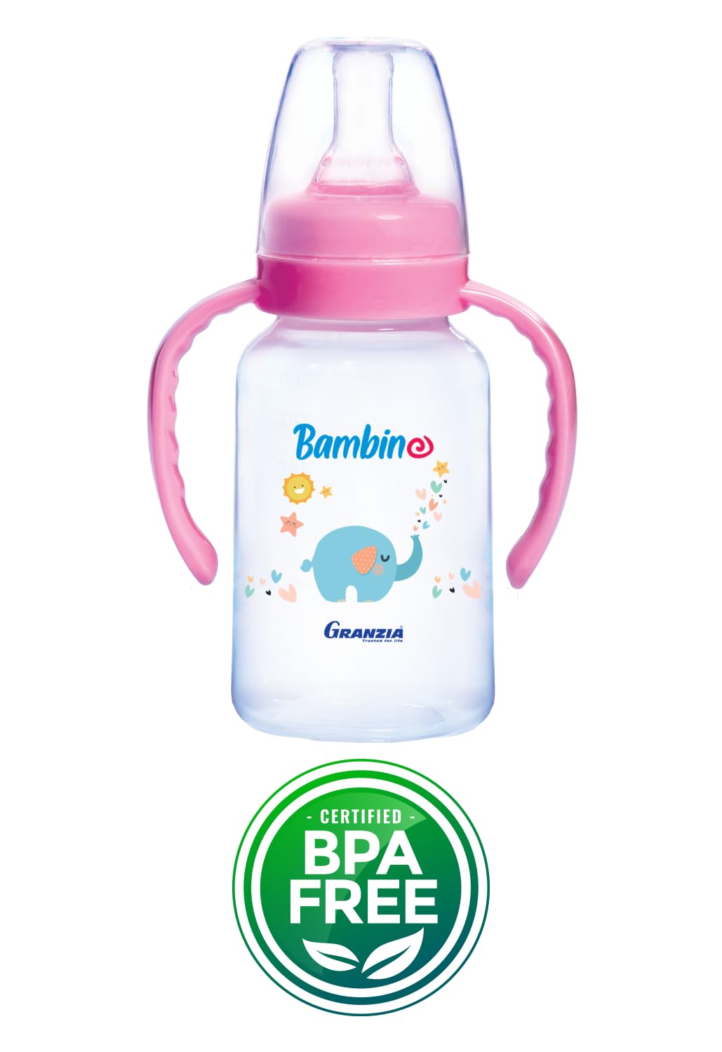 رضّاعة الأطفال Granzia Bambino Classic مع يدين (سعة 150 مل) توفر الراحة والأمان والسهولة أثناء وقت التغذية. مصنوعة من مواد عالية الجودة وخالية من مادة الـBPA لضمان صحة الطفل ونظافة التغذية