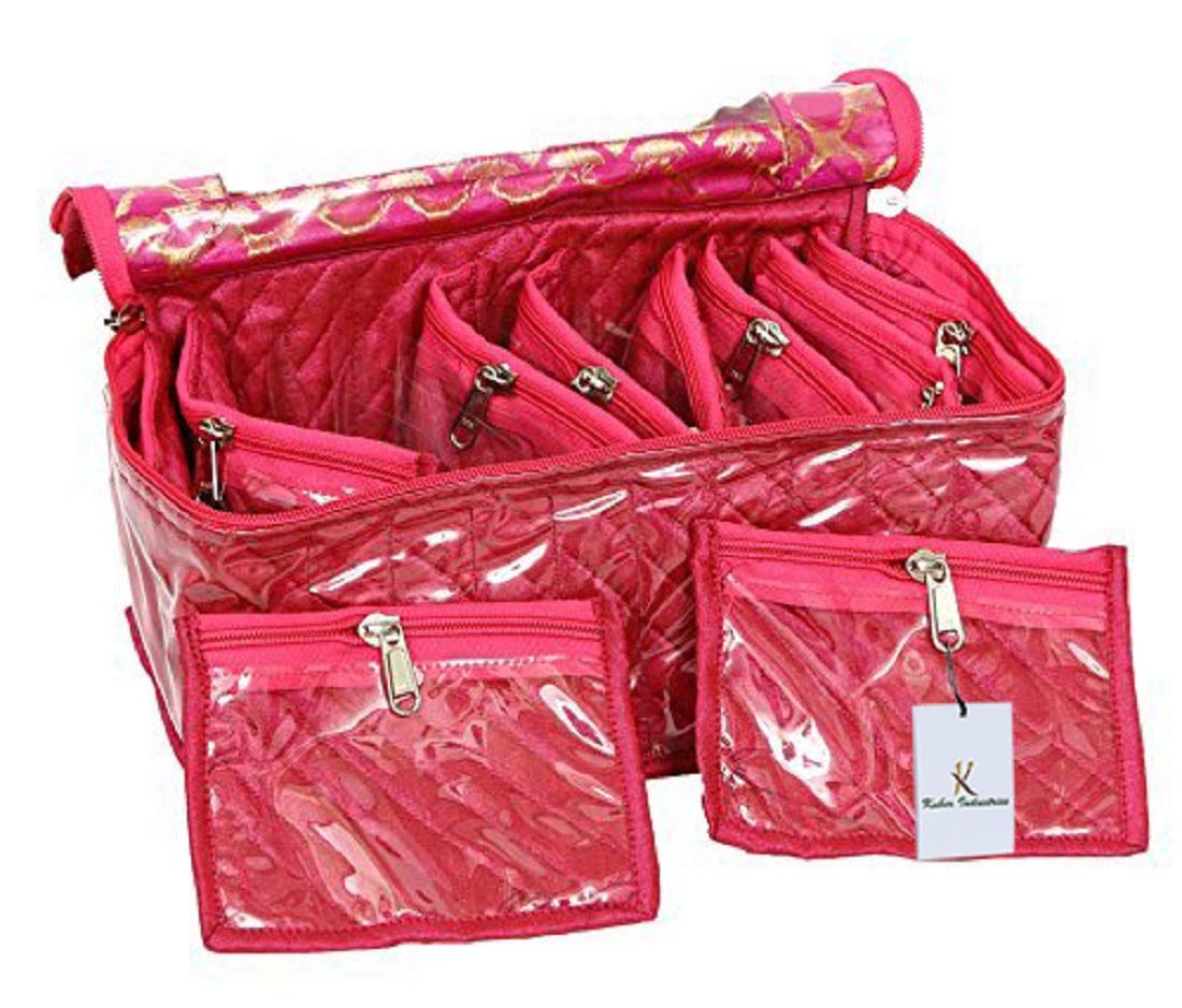 Kuber Industries Fabric Jewelry Box with 10 Transparent Pouches