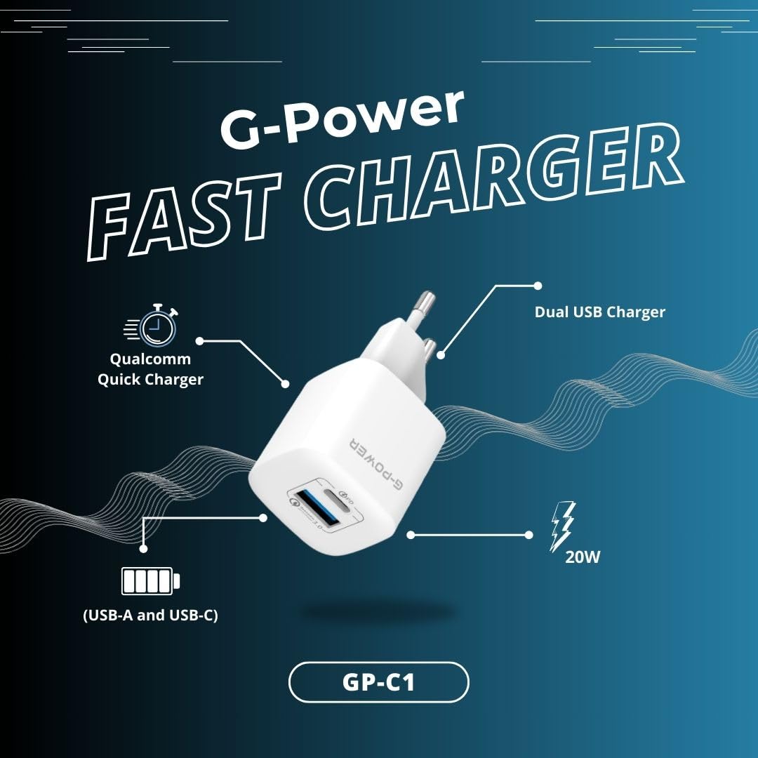 G-Power GP-C1 20W Dual USB Charger (USB-A and Usb-C) Qualcomm Quick Charge 3.0 Compatible with iPhone 14/14 Plus/14 Pro/14 Pro Max/13, Galaxy, Pixel 4/3, iPad/iPad - White