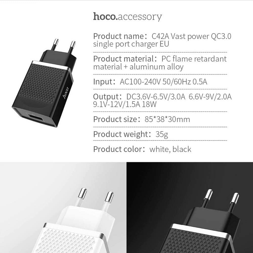 شاحن الحائط Hoco C42A Vast Power بمنفذ USB واحد مصمم لشحن الأجهزة بسرعة وموثوقية. 