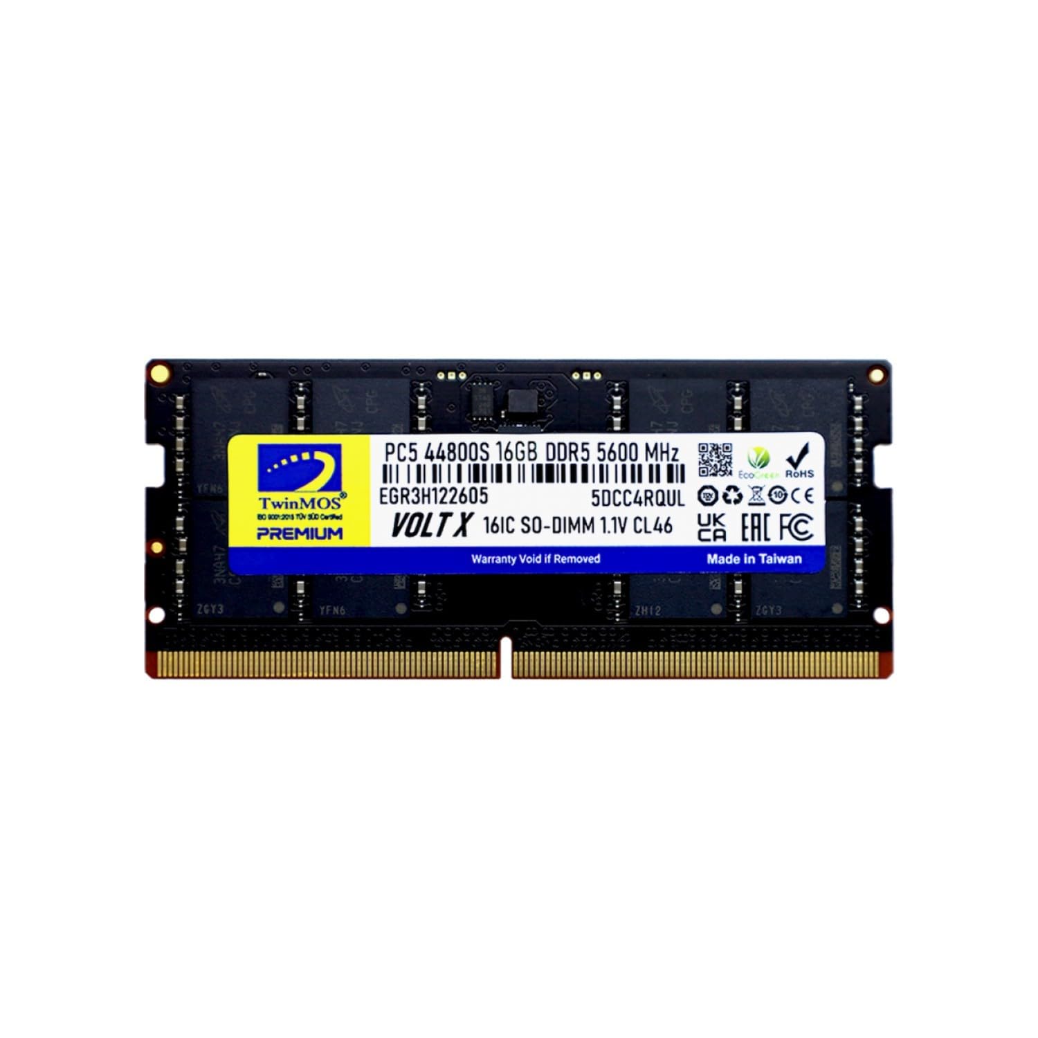 ذاكرة TwinMOS VOLTX DDR5 SO-DIMM بسرعة 5600 ميجاهرتز وسعة 16 جيجابايت. تتميز بتقنية DDR5 المتطورة التي توفر سرعة أعلى، واستهلاكاً أقل للطاقة