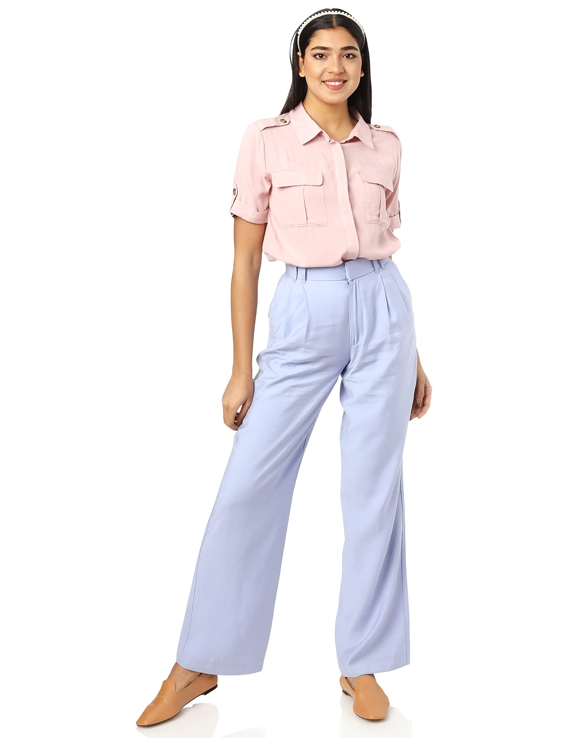 Splash Chest Pockets Roll-Up Sleeves Shirt for Women