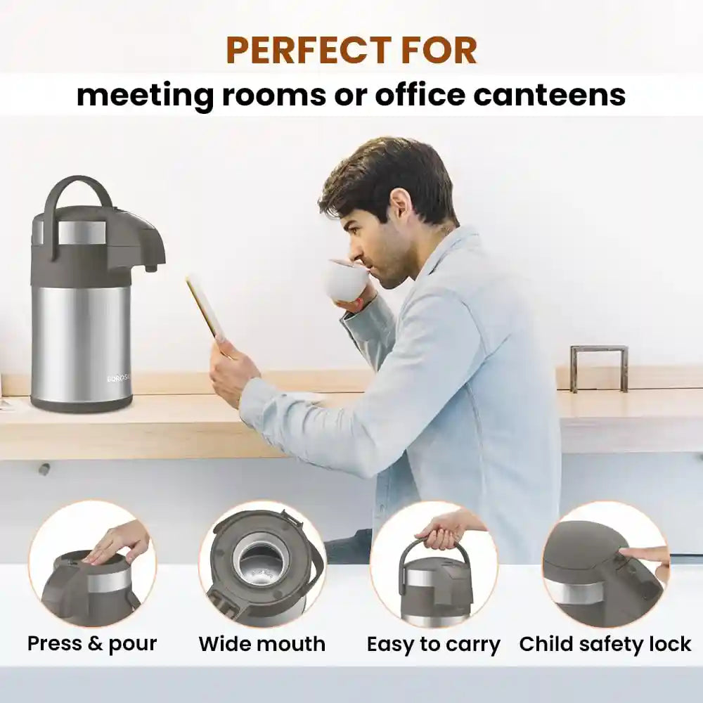 BOROSIL AIRPOT FLASK WITH PUMP |VACUUM INSULATED DOUBLE WALL STAINLESS STEEL TEA POT | COFFEE POT | THERMOS | FLASK | CARAFE 3 LITER - Safqqa Egypt