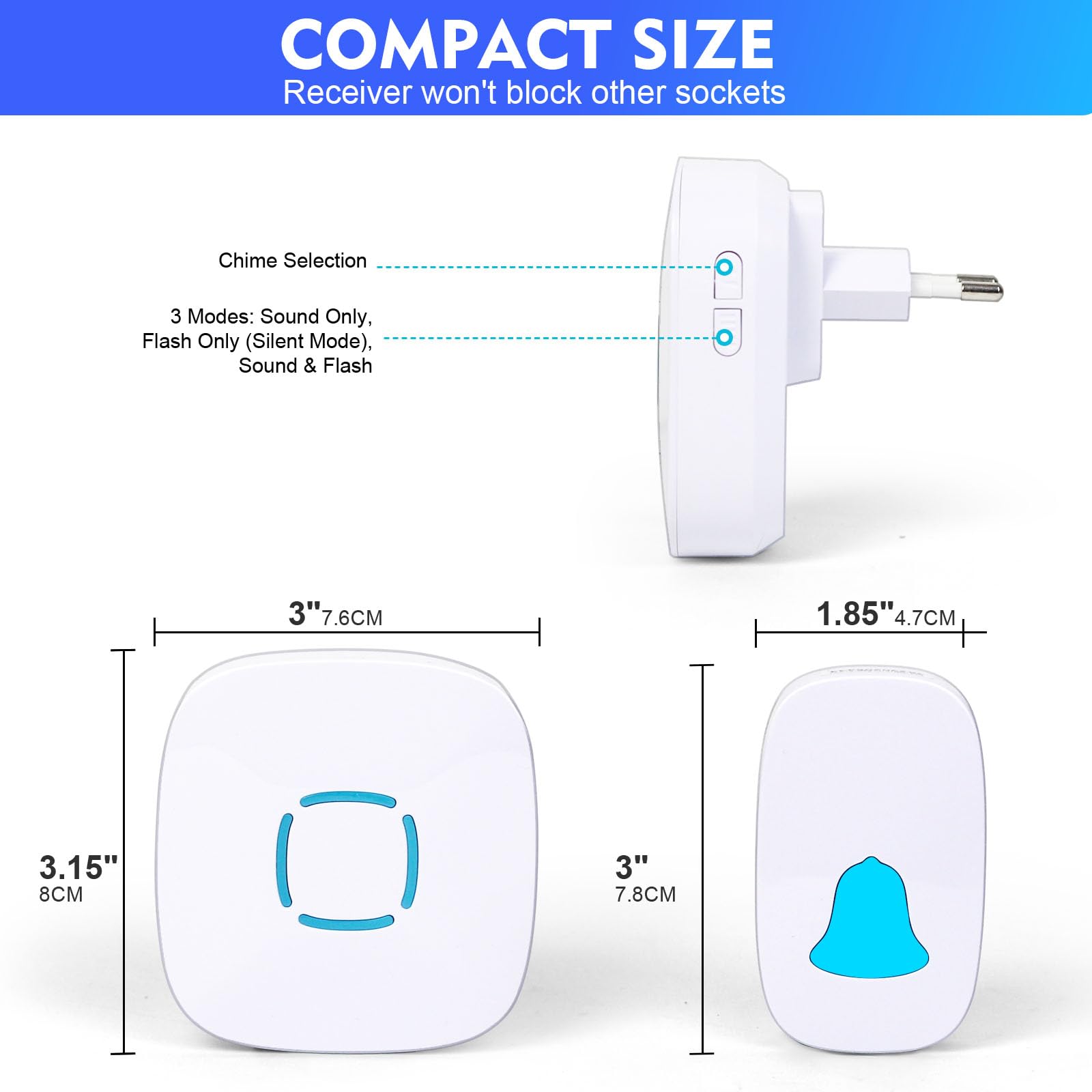مجموعة جرس باب لاسلكي من سكاي-تاتش تشمل زر اتصال واحد وجهازين استقبال، مصممة لتوفير تنبيه منزلي سهل وموثوق. تصميم مقاوم للماء يضمن المتانة في جميع الظروف الجوية