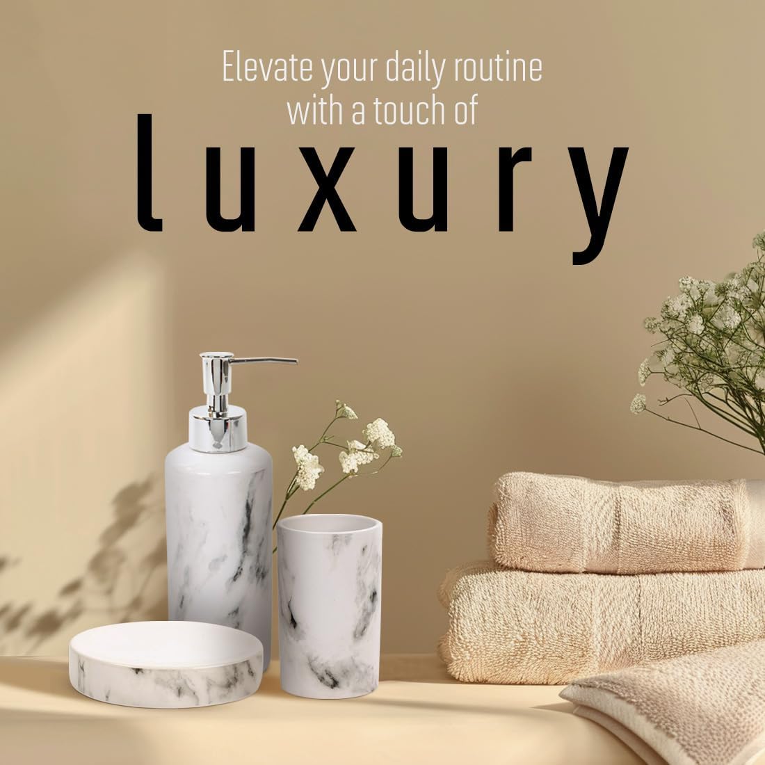 بوديكو طقم اكسسوارات حمام رخامي من 3 قطع بلون ابيض