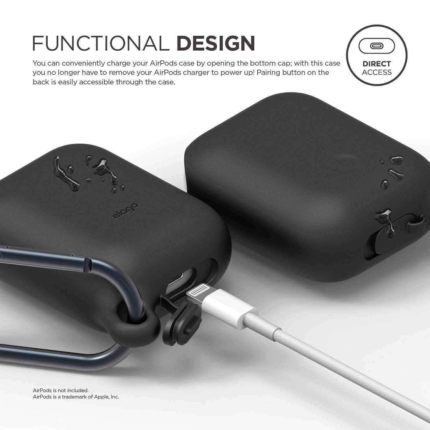 جراب ELAGO المقاوم للماء AirPods المعلقة - أسود