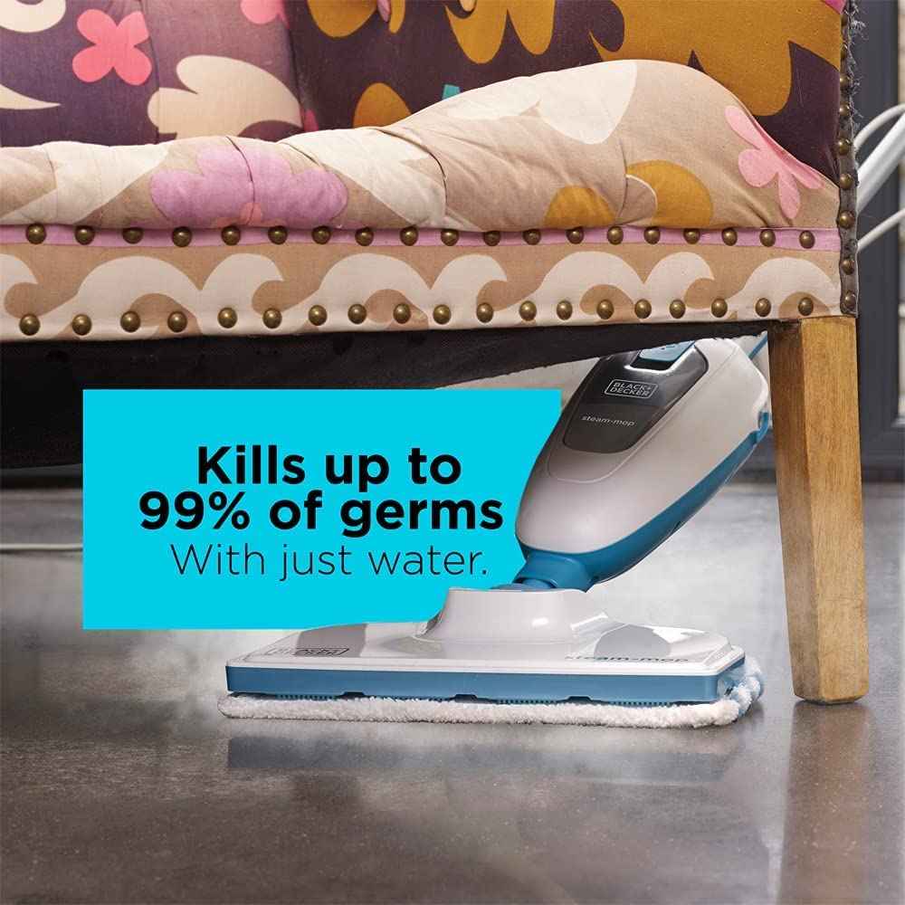 Black+Decker 1300W Steam Mop with Superheated Steam, Swivel Head and Microfibre Pad for Home & Office, White/Blue - FSM13E1-B5, 2 Years Warranty - Safqqa Egypt
