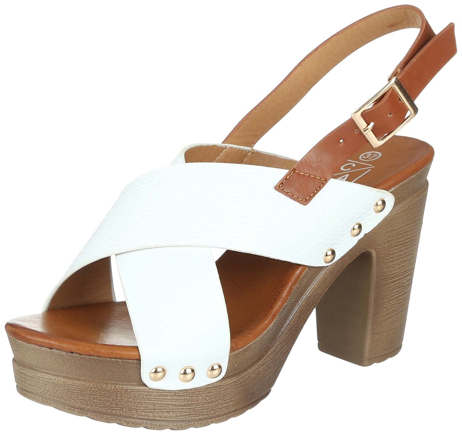 Club Aldo Embossed Leather Cross-Strap Slingback Chunky-Heel Sandals for Women 41