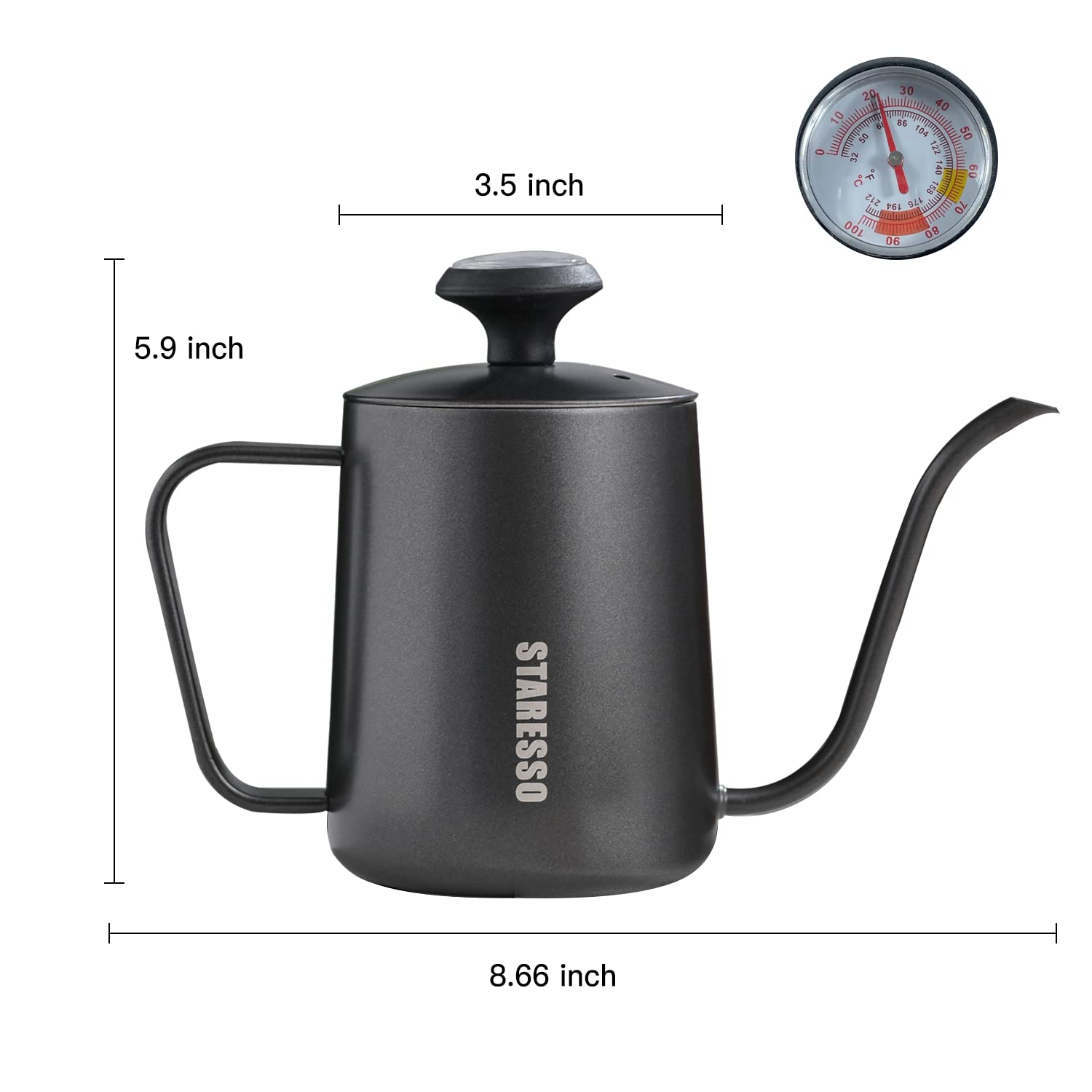 غلاية قهوة يدوية من ستاريسو بسعة 550 مل من الستانلس ستيل مع فوهة دقيقة وترمومتر – خدوش طفيفة وعلبة تالفة