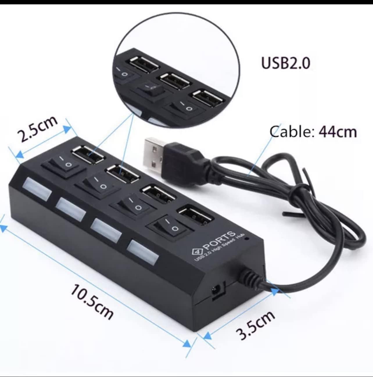 موزع USB من Essential’s بـ 4 منافذ مع مفاتيح تشغيل فردية مضيئة. متوافق مع الكمبيوتر واللابتوب