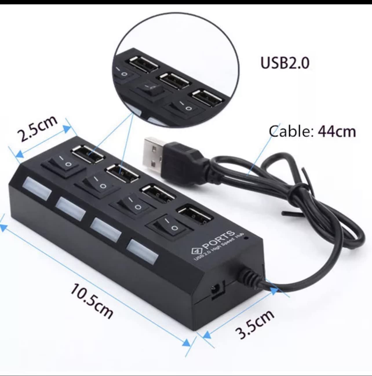 موزع USB من Essential’s بـ 4 منافذ مع مفاتيح تشغيل فردية مضيئة. متوافق مع الكمبيوتر واللابتوب
