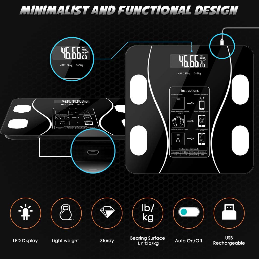 ميزان الدهون الذكي ANNA TOSANI بتقنية البلوتوث، جهاز رقمي عالي الدقة لتحليل مكونات الجسم، يقيس 79 نوعًا من البيانات الصحية. ميزان ذكي لاسلكي لتحليل دهون الجسم، متوافق مع أجهزة Android.