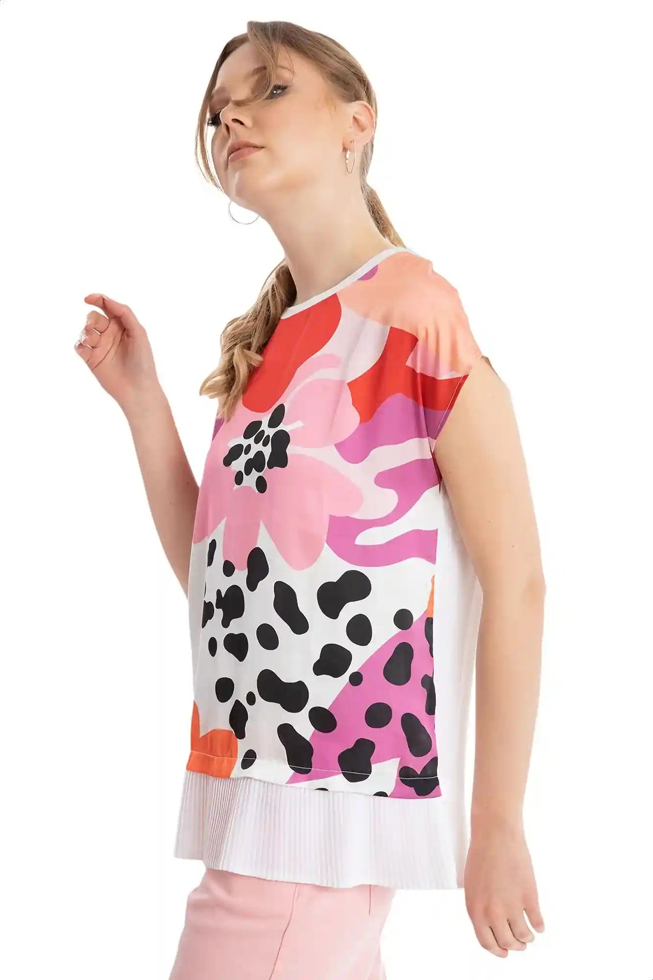 Dalydress Floral-Pattern Pleated Trims Round-Neck Short Sleeves Blouse for Women - Safqqa Egypt