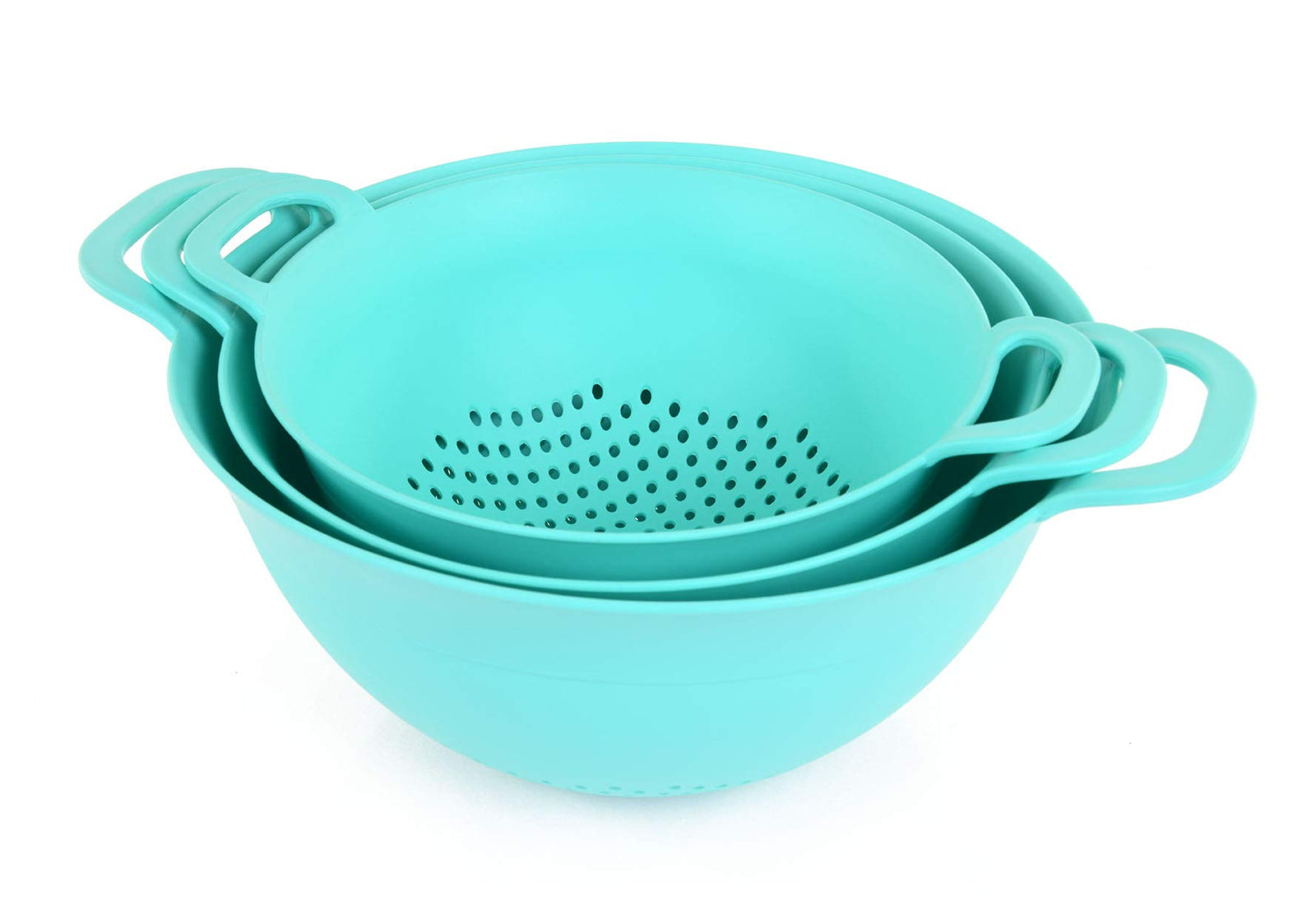  مصافي مينترا (3 قطع – باللون الفيروزي). تحتوي هذه المجموعة العملية والأنيقة على ثلاث مصافي بأحجام مختلفة مثالية لغسل الفواكه، الخضروات، المعكرونة وغيرها