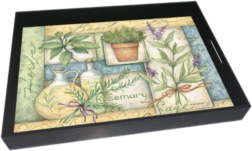 Wooden Rectangle Tray with Rosemary Design and Handle for Serving - 40x30 CM, Multi Color