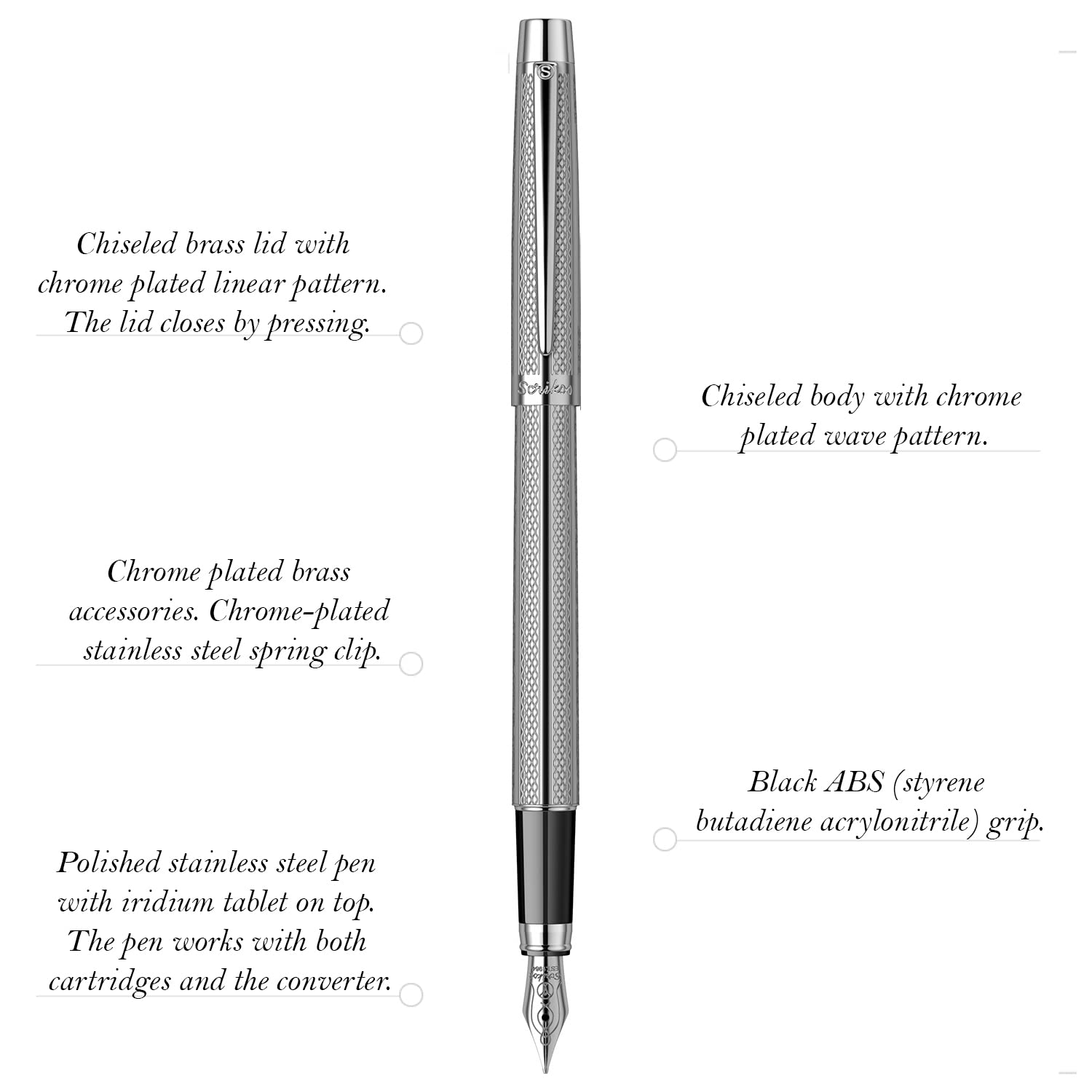 طقم أقلام سريكس إيليغانس فينوس 722 بلون الكروم مزيجاً رائعاً من الأناقة والأداء العالي. يتميز بتصميم معدني لامع من الكروم يمنحه مظهراً راقياً ومتيناً. يحتوي الطقم على قلم حبر فاخر برأس من الفولاذ المقاوم للصدأ لكتابة سلسة