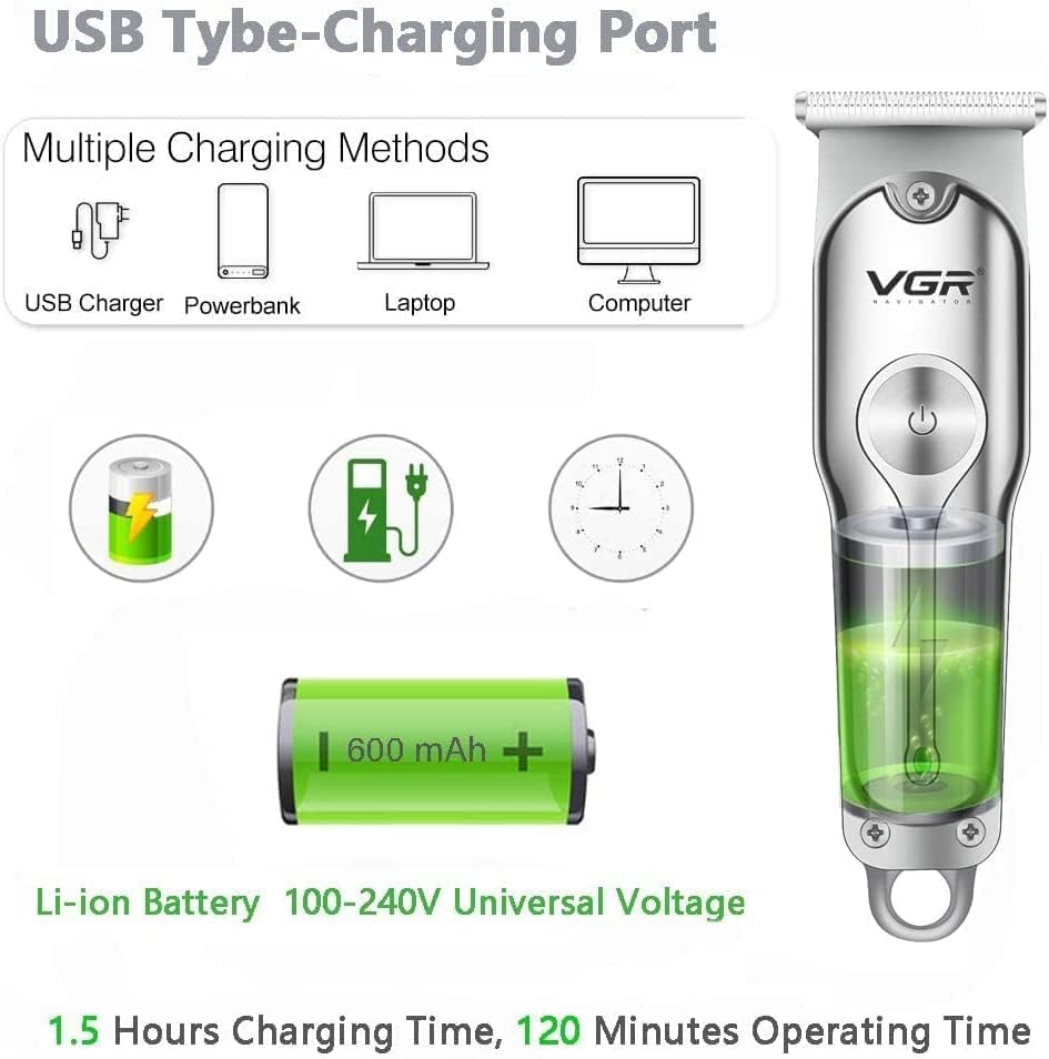 VGR Professional Hair Trimmer, Cordless T-Blade with Multiple Length Controls, USB Fast Charging, Gold