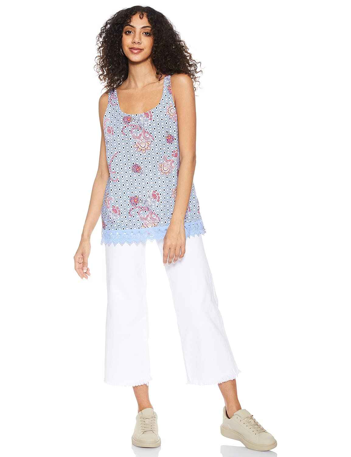 Matalan T-Shirts  for Women Patterned Lace Hem Sleeveless Scoop Neck Top