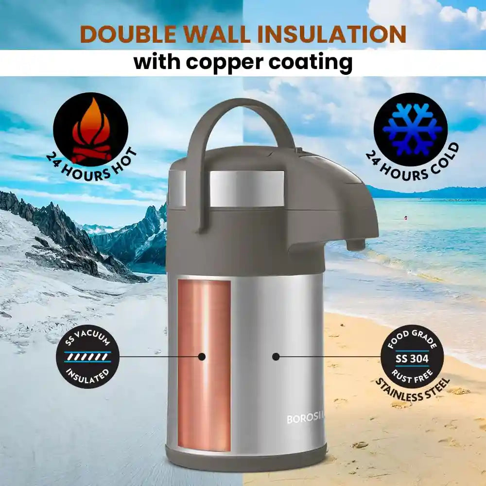 BOROSIL AIRPOT FLASK WITH PUMP |VACUUM INSULATED DOUBLE WALL STAINLESS STEEL TEA POT | COFFEE POT | THERMOS | FLASK | CARAFE 3 LITER - Safqqa Egypt