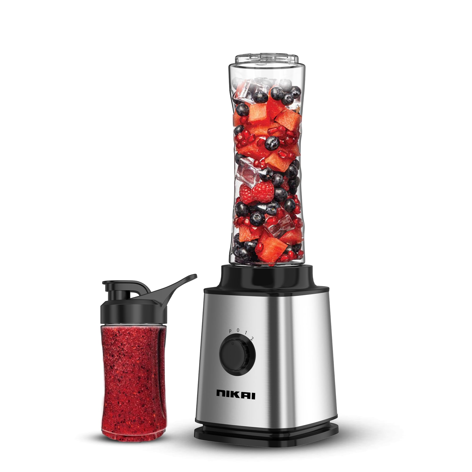 Nikai 300W Smoothie Maker, 600ml Capacity, Powerful Motor for Smooth Blending, St Steel Blades, BPA-Free Tritan Bottles with Lids, Compact Design Ideal for Smoothies & Shakes NB202ST
