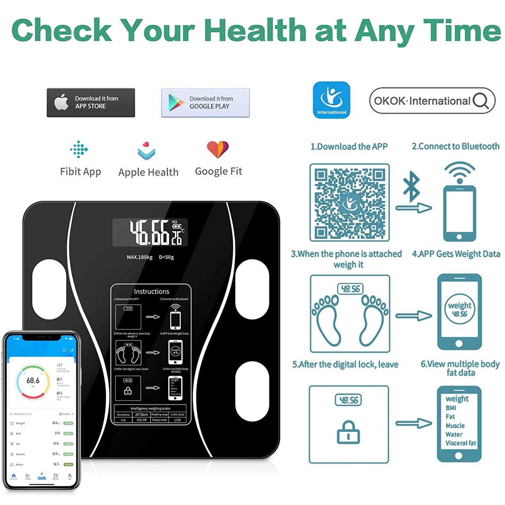 ميزان الدهون الذكي ANNA TOSANI بتقنية البلوتوث، جهاز رقمي عالي الدقة لتحليل مكونات الجسم، يقيس 79 نوعًا من البيانات الصحية. ميزان ذكي لاسلكي لتحليل دهون الجسم، متوافق مع أجهزة Android.