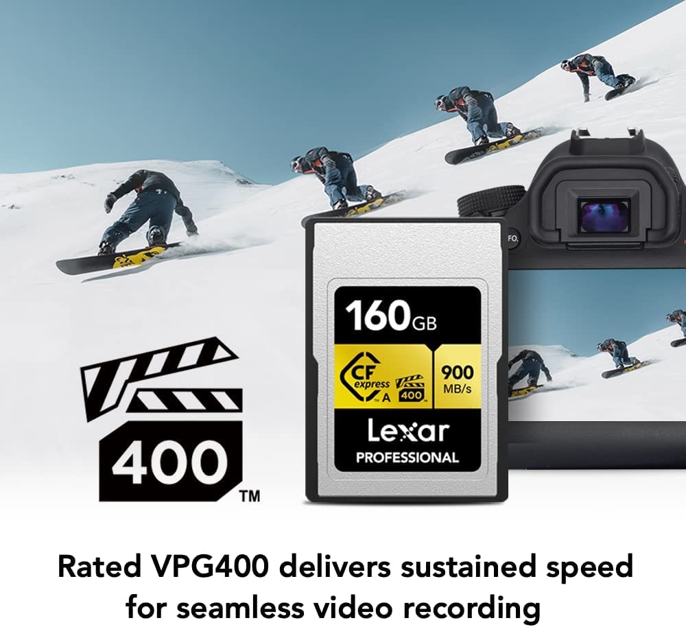 Lexar Professional 160GB CFexpress Type A Gold Series Memory Card, Up to 900MB/s Read, Cinema-Quality 8K Video, Rated VPG 400 (LCAGOLD160G-RNENG)