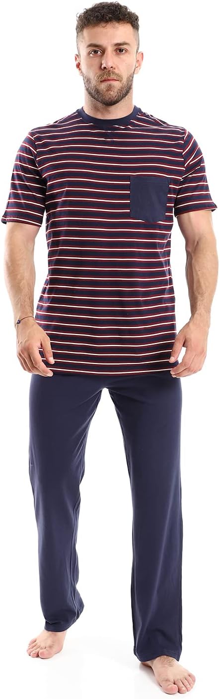 Andora Men's Striped Cotton T-Shirt and Solid Shorts Pajama Set