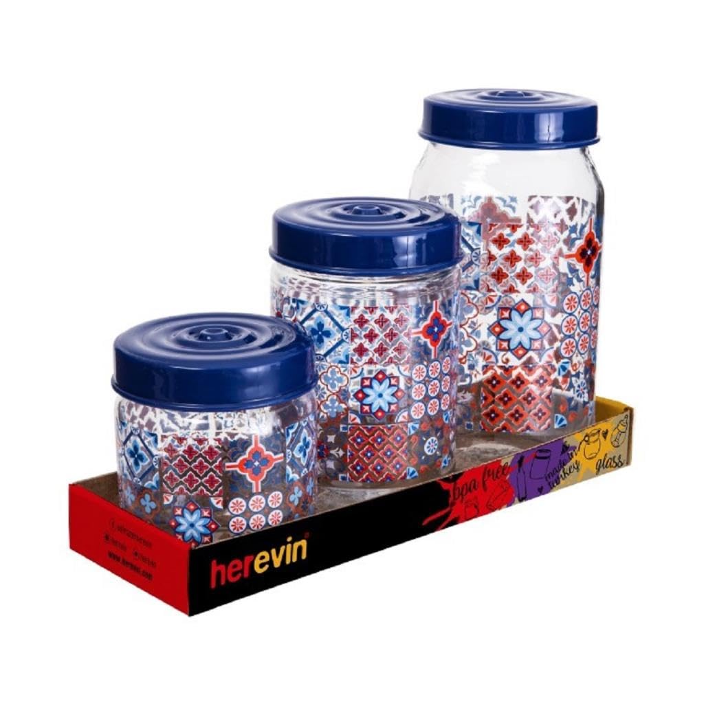 Herevin Mosaic Print Decorated Jar Set 3-Pieces, 425, 660 and 1000 ml Capacity, Blue - Safqqa